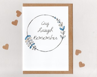 泣く、笑う、思い出す。お悔やみカード。死別。喪失。あなたのことを思っています。別れ。友情。シンプルでミニマルなモダンなリース。オーストラリア