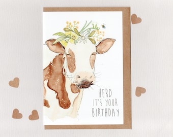 HERD it's your BIRTHDAY . 'Betty & Blue Bee' . birthday card . guernsey cow . blue banded bee . animal pun . australia