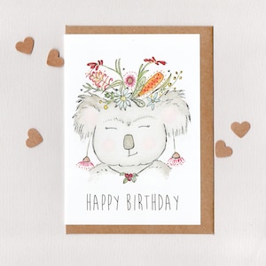 HAPPY BIRTHDAY . greeting card . Frida Koala . Frida Kahlo . birthday card . blank card . custom age card . native flowers bees . Australia