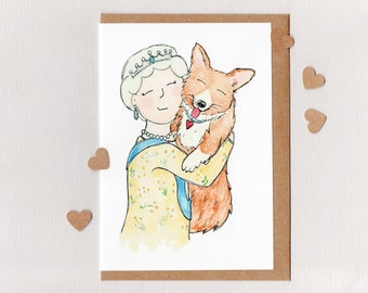 ABRAZOS DE CORGI. tarjeta de felicitación . La reina Isabel II y el Pembroke Welsh Corgi. Vestido australiano de acacia. Australia. Recuerdos.