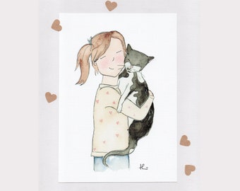 PURRFECT FRIENDS . girl with black and white cat . A5 . signed print . unframed . wall art . girls room . Australian Art . Australia