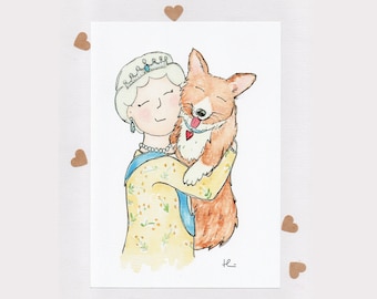 CORGI CUDDLES . Queen Elizabeth II and Pembroke Welsh Corgi . signed print . A3 . Unframed . Australia . memorabilia . wall art . coronation