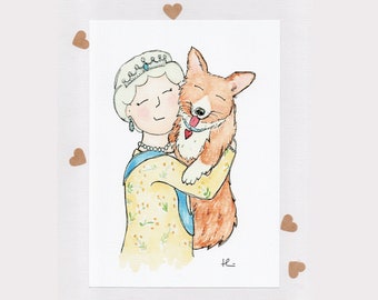 CORGI CUDDLES . Queen Elizabeth II and Pembroke Welsh Corgi . signed print . A4 . Unframed . Australia . memorabilia . wall art . coronation