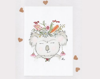 FRIDA KOALA . signed print . A4 . unframed . Australian Native Flowers & Bees . Australian Art . Wall Art . Koala Painting . Australia