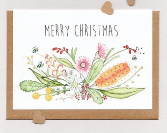 MERRY CHRISTMAS . Australian Christmas Card . Native Flowers and Bees . Australiana . Floral . Flora . Australia . 'Happy Place'