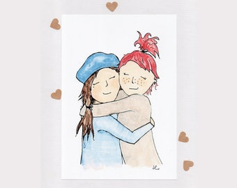 HUGS . signed print . A5 . unframed . Best Friends . Friendship . BFF . Wall Art . Best Friend Gift . Redhead . girlfriends . Australia