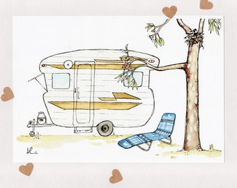 HOW'S THE SERENITY . Viscount Ambassador Caravan under a Spotted Gum . signed print . A3 . unframed . Australian Art . Australiana Australia