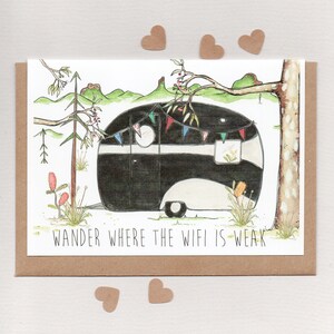 WANDER dove il WIFI è DEBOLE. biglietto d'auguri . ministampa. rimorchio camper roulotte retrò vintage nero. avventura. buon viaggio . Australia