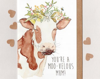 You're a MOO-VELOUS MUM / MoM . 'Betty & Blue Bee' . mothers day card . guernsey cow . blue banded bee . animal pun . australia