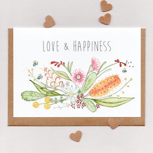 LOVE & HAPPINESS .  Australian wedding card .  native flowers and bees . engagement card . anniversary card . 'Happy Place'