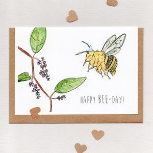 HAPPY BEE-DAY . Teddy Bear Bee & Happy Wanderer . bee birthday card . Amegilla bombiformis Hardenbergia violacea . Australia Australian bee