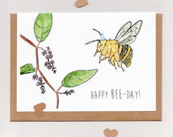 HAPPY BEE-DAY . Teddy Bear Bee & Happy Wanderer . bee birthday card . Amegilla bombiformis Hardenbergia violacea . Australia Australian bee