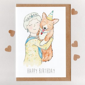 CORGI CUDDLES . happy birthday card . Queen Elizabeth II and Pembroke Welsh Corgi . Australian Wattle Dress . Australia . Memorabilia .
