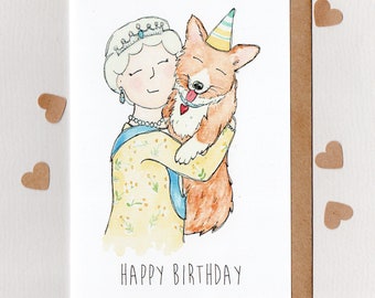 CORGI CUDDLES . happy birthday card . Queen Elizabeth II and Pembroke Welsh Corgi . Australian Wattle Dress . Australia . Memorabilia .