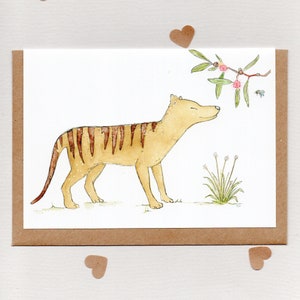 HIDE & SEEK . Tasmanian Tiger and Banksia Bee . art card . thylacine . bee . cryptid . australia