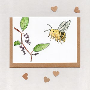 Teddy Bear BEE & HAPPY WANDERER . card . Australian bees Australian native flowers . Amegilla bombiformis Hardenbergia violacea . australia