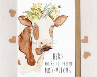HERD you're not feeling' MOO-VELOUS . 'Betty & Blue Bee' . get well card . guernsey cow . blue banded bee . animal pun . australia