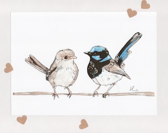 SUPERB TOGETHER . signed print . A5 . unframed . Superb Fairy Wrens . Bird Birds . Australian Art . Wall Art . bird nerd . Malurus cyaneus