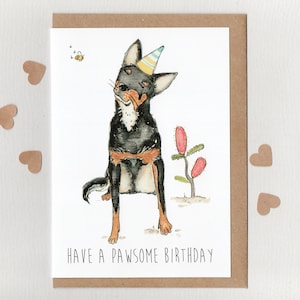 HAPPY BIRTHDAY . Karte . Australischer Kelpie Teddybär Biene Arbeitshund . schwarz beige kelpie Australien . männliche Jungen Geburtstagskarte