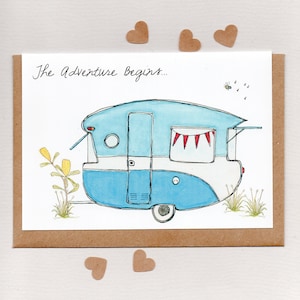 L'AVVENTURA INIZIA... biglietto d'auguri. ministampa. rimorchio camper per roulotte. la pensione . buon viaggio nomade grigio. addio . Australia