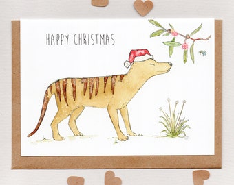 HAPPY CHRISTMAS . Thylacine Christmas Card . 'Hide & Seek' . Tasmanian tiger . thylacine . banksia bee . cryptid . australia . Tasmania