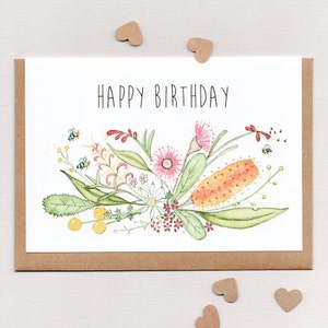 HAPPY BIRTHDAY . Australian Birthday Card . Native Flowers and Bees . Australiana . Floral . Flora . Australia . 'Happy Place'