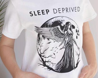Death Angel Sleep Deprived Mom Unisex Tee Shirt, Funny Mom Shirt, Graphic Tees for Mothers, Mom Life Shirt, Parenting Tee, Mother&#39;s Day Gift