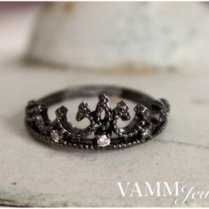 925 sterling silver black Princess Crown Ring