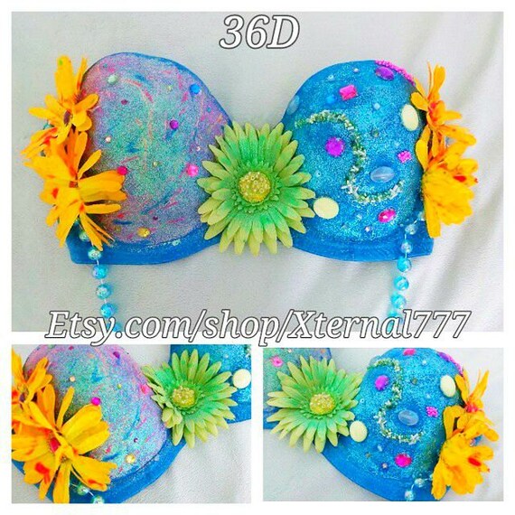 Items similar to 36D EDC Glittery Neon Flower Rave bra on Etsy