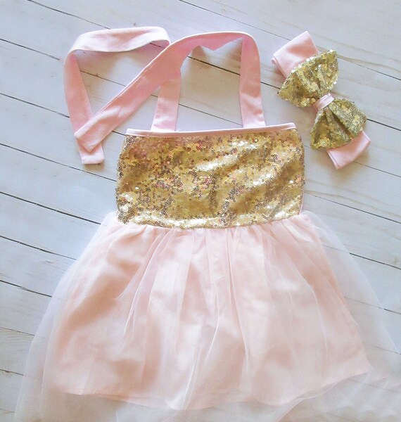 Soft pink & Gold Dress with matching Bow headband Baby dress