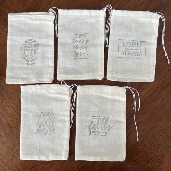 Set of 10 muslin bags hand stamped scripture bible verse / party favor bags / tea bags / potpourri sachet / soap/ 4x6 free shipping made USA