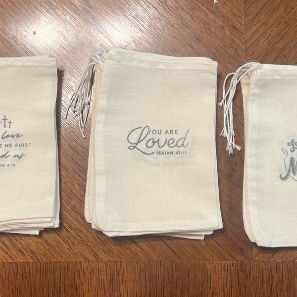 Set of 10 muslin bags hand stamped scripture bible verse / party favor bags / tea bags / potpourri sachet / soap/ 4x6 free shipping USA Love