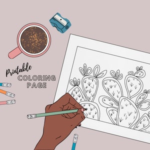 Página para colorear imprimible, cactus abigarrado de tuna delineado, obra de arte original dibujada a mano