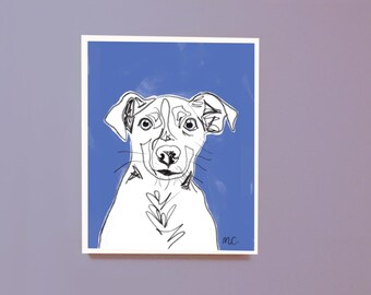 May include: Line drawing of a white dog with black eyes and nose on a blue background. The dog is looking directly at the viewer. The artist's initials "mc" are in the bottom right corner.