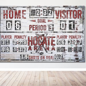 Custom Hockey Scoreboard Sign Vintage Distressed Rustic Canvas Industrial Game Room Media Nursery Kids Room Decor