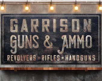 Signo personalizado de armas y municiones, cueva del hombre, bar de whisky, bar deportivo, letrero de sala de juegos, pabellón de caza, impresión de lienzo, bar y parrilla, bar de cerveza