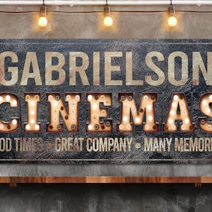 Personalized Cinema Sign, Media Room Decor, Movie Room Sign, Marque Bulb Sign, Movie Theater Sign, Canvas Print, Man Cave Decor, Box Office