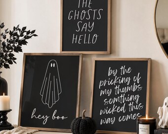Halloween Wall Art Set of 3, Black and White Ghost Prints, Spooky Printable Decor