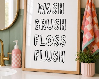 Wassen, tandenpoetsen, flossen, doorspoelen, kinderbadkamer, badkamerregels, muurdecoratie