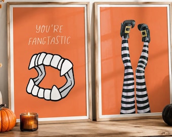 Halloween Wall Art Set of 2, Orange Witch Legs and Vampire Fangs Prints