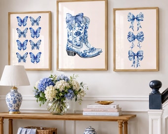 Blue Chinoiserie Gallery Wall Set of 3, Cowgirl Boots, Butterflies & Bows