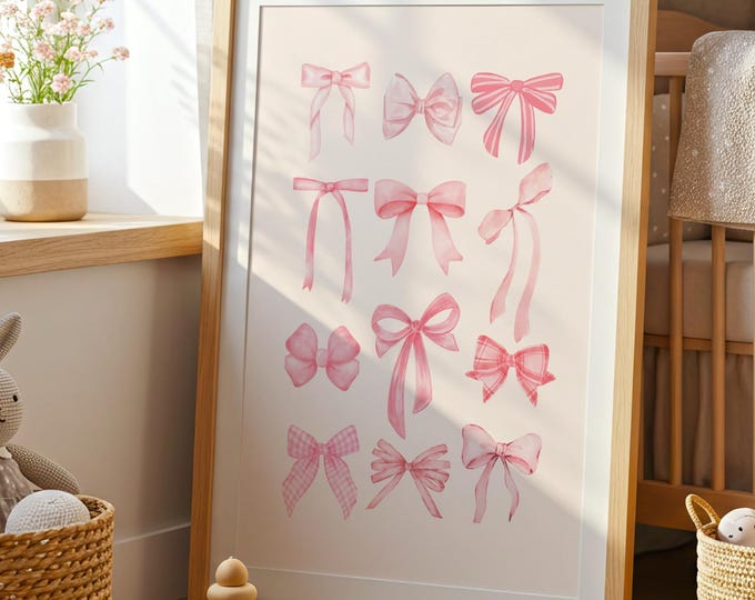 Pink Bow Watercolor Nursery Art: Girly Room Decor (Digital Download)