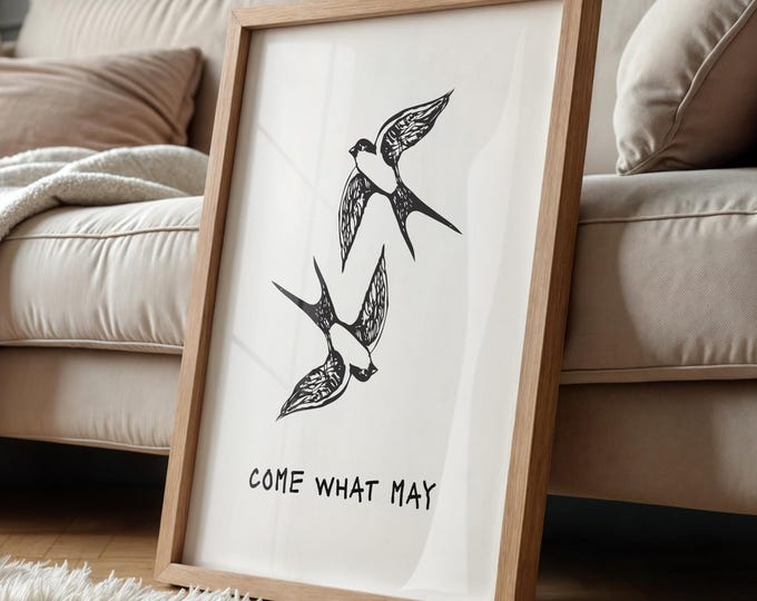 Vintage Swallow Print: Come What May, Rustic Cottage Wall Art (Digital Download