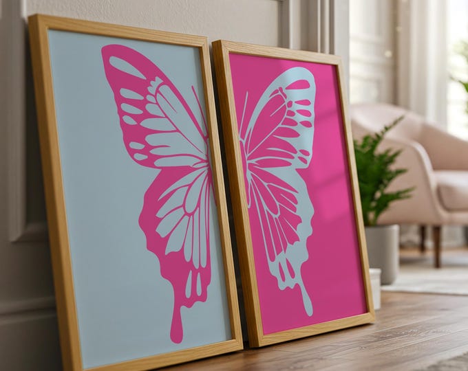 Butterfly Wall Art Set of 2 Prints Pink Blue Diptych Modern Aesthetic Bedroom Decor Preppy Girly Wall Art Digital Download 2 Prints