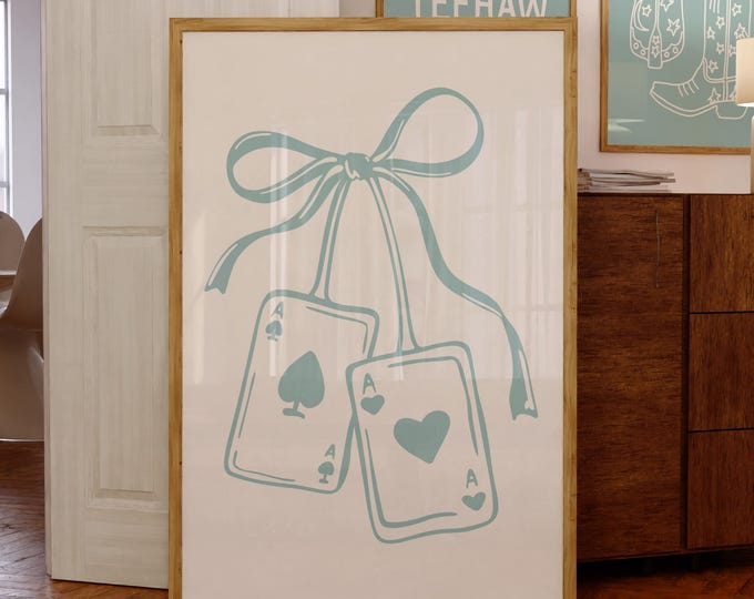 Blue Ace of Hearts Coquette Western Print Cherry Playing Card Wall Art Cute Bow Cowgirl Poster Trendy Apartment Decor Digital Download