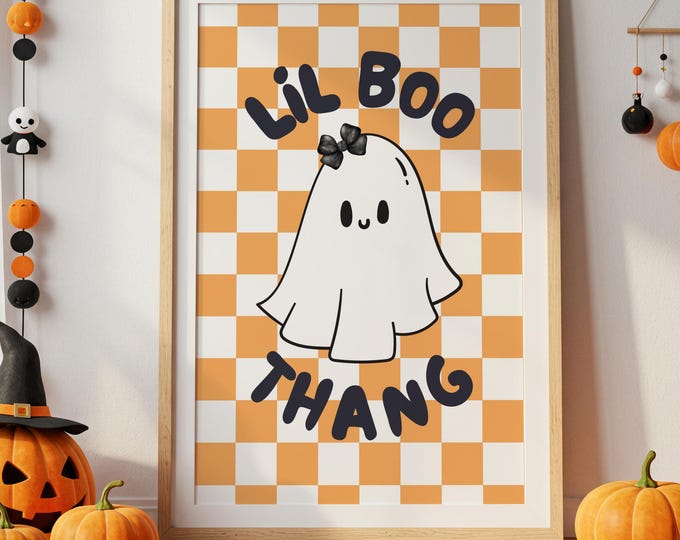 Cute Halloween sign,  Wall Art Printable, Retro checkered ghost, Checkerboard Decor, Spooky Season Digital Download, Halloween lil boo thang