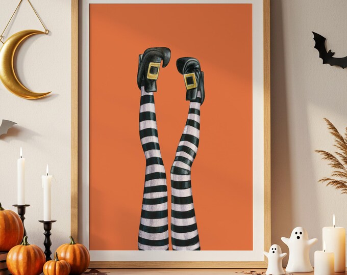Witch Legs Halloween Print: Spooky Orange Wall Art (Digital Download)