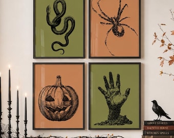 Halloween Printable Wall Art Set of 4: Snake, Spider, Zombie Hand & Pumpkin Prints