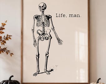 Lámina de esqueleto Life Man: Divertido arte mural vintage de Halloween, descarga digital.