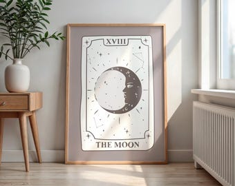 Impresión de la carta del Tarot de la Luna: Arte mural minimalista bohemio celestial (descarga digital)
